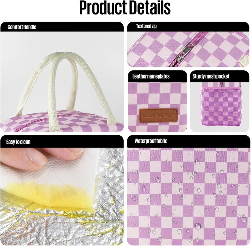 douyadady Lunch Bag Women/Men Lunch Box Women/Men (Purple+Pink Checkerboard) - Image 4
